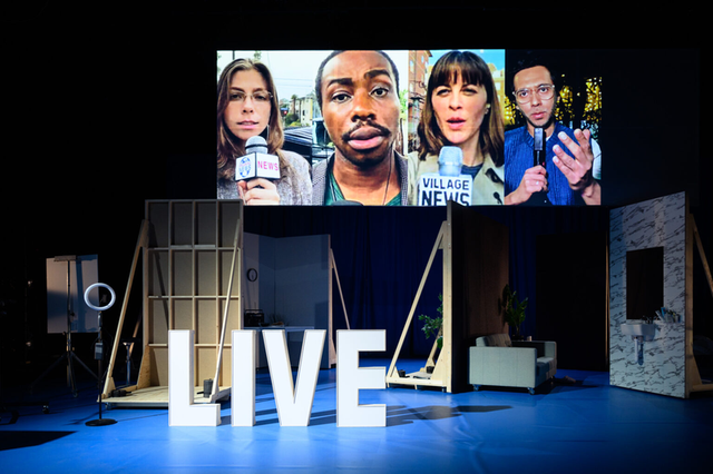 THE VILLAGE on stage: actors from five cities appear live on the screen above the set